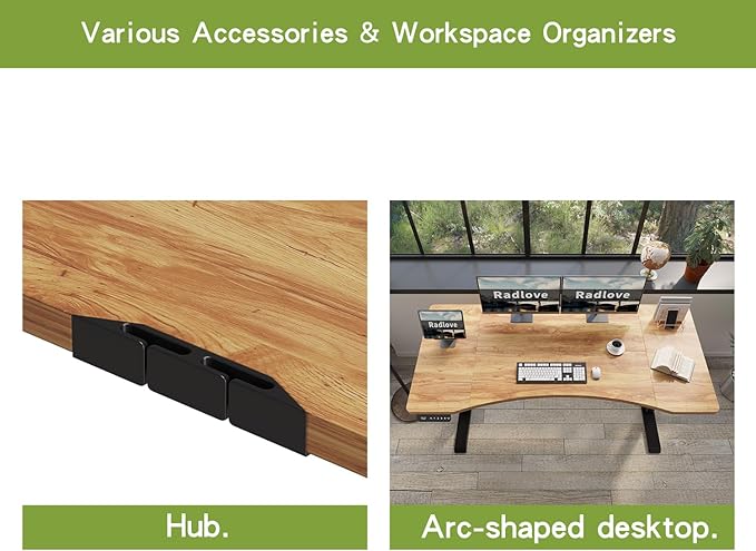 Radlove Dual Motors Height Adjustable 63 x 30 Electric Standing Desk with Curved Design Stand Up Table 4 Memory Keys, Computer Desk with Splice Board Home Office Desk, Light Brown Top + Black Frame - LeafyLoom