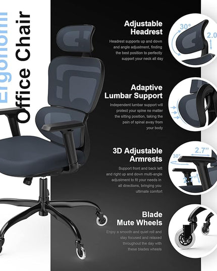 Ergonomic Office Chair - Mesh Office Chair High Back, Rolling Desk Chair, Executive Swivel Chair, Computer Chair with 3D Adjustable Armrest, 3D Lumbar Support, Blade Wheels, Adjustable Headrest - LeafyLoom