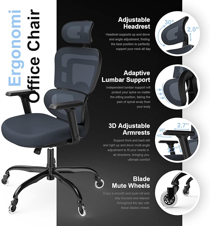Ergonomic Office Chair - Mesh Office Chair High Back, Rolling Desk Chair, Executive Swivel Chair, Computer Chair with 3D Adjustable Armrest, 3D Lumbar Support, Blade Wheels, Adjustable Headrest - LeafyLoom