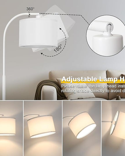 Floor lamps for Living Room, White Arc Floor Lamp with Stepless Dimmer, Modern Standing Lamp with Adjustable Drum Shade, Tall Pole Lamp for Bedroom Study Room Office, 9W 3000K LED Bulb Included - LeafyLoom