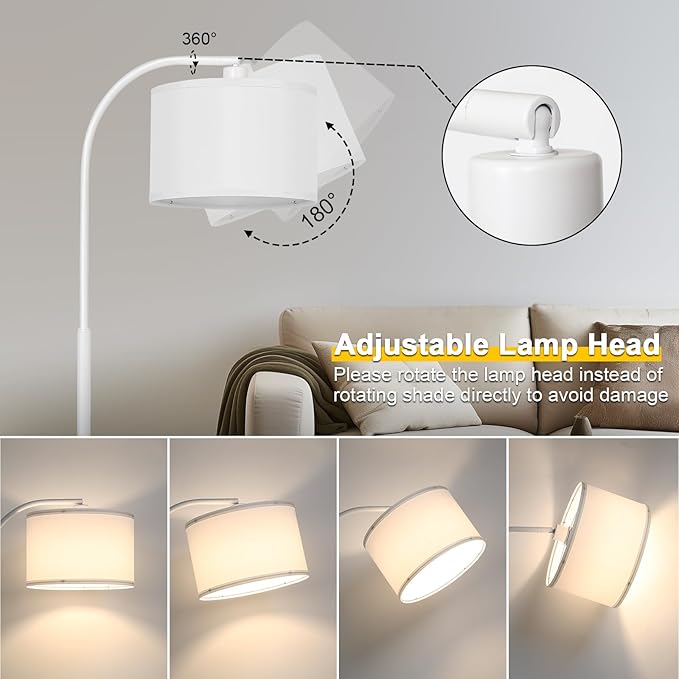 Floor lamps for Living Room, White Arc Floor Lamp with Stepless Dimmer, Modern Standing Lamp with Adjustable Drum Shade, Tall Pole Lamp for Bedroom Study Room Office, 9W 3000K LED Bulb Included - LeafyLoom