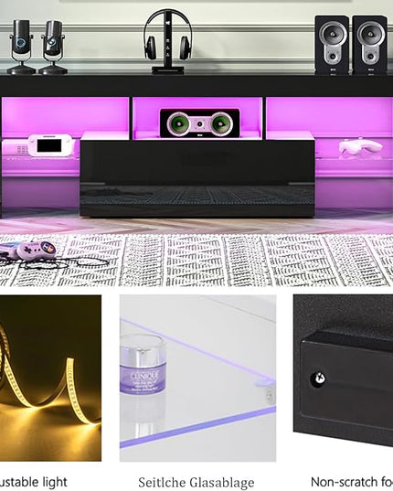 HOUAGI LED TV Stand for Televisions up to 55 Inchs,Modern Entertainment Center with Storage Drawer and Glass shelf, TV Console Table for Living room,Bedroom,Black - LeafyLoom