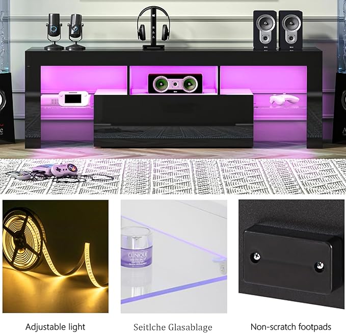HOUAGI LED TV Stand for Televisions up to 55 Inchs,Modern Entertainment Center with Storage Drawer and Glass shelf, TV Console Table for Living room,Bedroom,Black - LeafyLoom