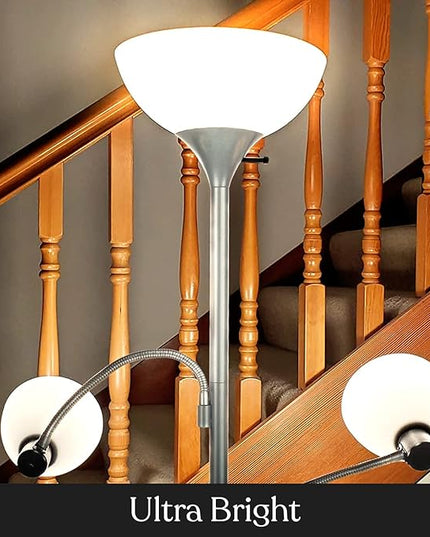 Brightech Sky Dome Double LED Floor lamp, Torchiere Super Bright Floor Lamp with 2 Reading Lamps for Living Rooms & Offices - Dimmable Tall Standing Lamp for Bedroom Reading - Tall Silver Pole - LeafyLoom