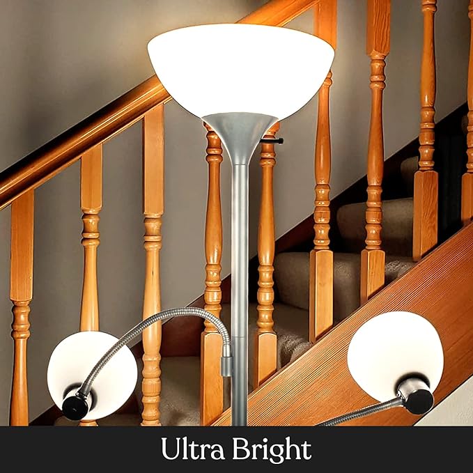 Brightech Sky Dome Double LED Floor lamp, Torchiere Super Bright Floor Lamp with 2 Reading Lamps for Living Rooms & Offices - Dimmable Tall Standing Lamp for Bedroom Reading - Tall Silver Pole - LeafyLoom