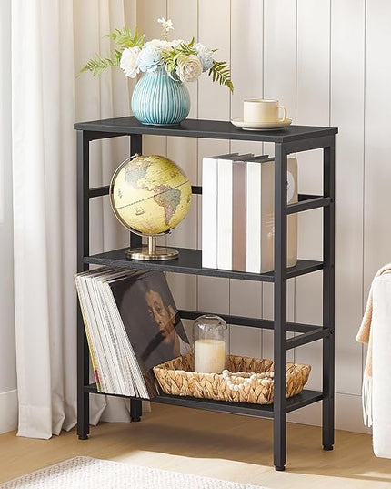 HOOBRO 3 Tier Bookshelf, Industrial Bookcase, Record Storage Rack with Side Fence, Wood Storage Shelf with Metal Frame, Rustic Open Display Shelf for Living Room, Bedroom, Black BB86CJ01 - LeafyLoom