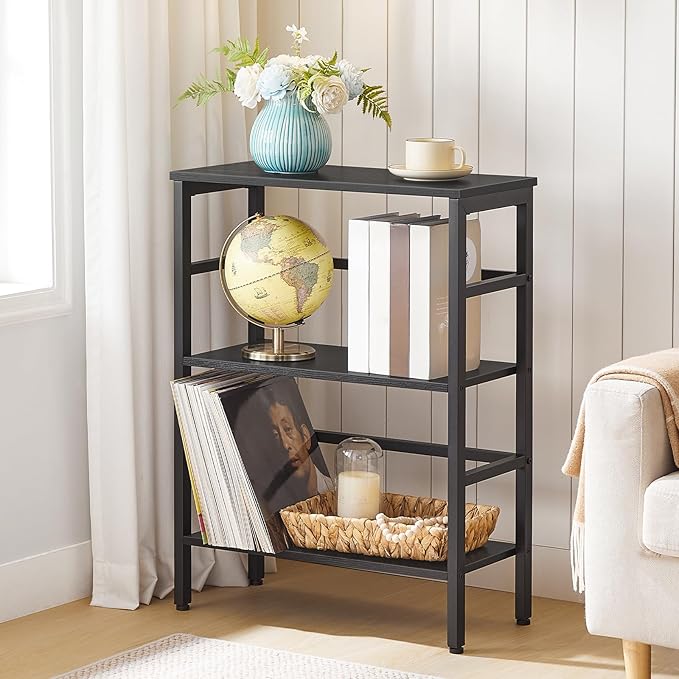 HOOBRO 3 Tier Bookshelf, Industrial Bookcase, Record Storage Rack with Side Fence, Wood Storage Shelf with Metal Frame, Rustic Open Display Shelf for Living Room, Bedroom, Black BB86CJ01 - LeafyLoom