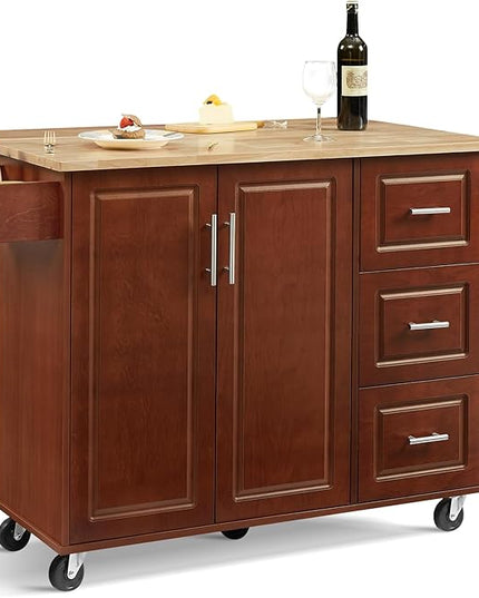 54" Large Kitchen Island Cart with Drop Leaf, Kitchen Island with Storage, Rolling Kitchen Island with Inside Cabinet, 3 Drawers, Spice Rack, Towel Rack and Wood Tabletop(Brown) - LeafyLoom