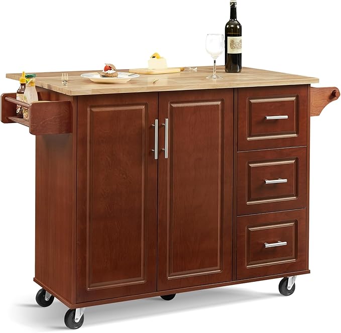 54" Large Kitchen Island Cart with Drop Leaf, Kitchen Island with Storage, Rolling Kitchen Island with Inside Cabinet, 3 Drawers, Spice Rack, Towel Rack and Wood Tabletop(Brown) - LeafyLoom