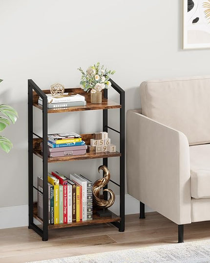 3 Tier Bookshelf: Small Modern Industrial Bookshelves for Bedroom, Short Bookcase Book Shelf for Small Spaces (Rustic Brown) - LeafyLoom