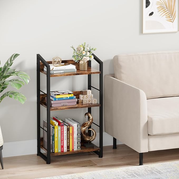 3 Tier Bookshelf: Small Modern Industrial Bookshelves for Bedroom, Short Bookcase Book Shelf for Small Spaces (Rustic Brown) - LeafyLoom