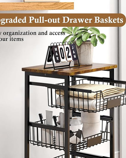Fruit Basket, 5-Tier Utility Kitchen Organizer and Storage Cart with Pull-Out Baskets and Wood Top, Rolling Pantry Kitchen Cart on Wheels for Fruit Potato Onion Vegetable Snack Produce - LeafyLoom