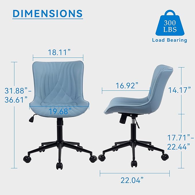 YOUNIKE Office Chair, Armless Desk Chair with Wheels, Aesthetic Home Office Computer Task Chairs, Modern Faux Leather Upholstered Vanity Chair, Adjustable Swivel Rocking Chair with Back, Blue - LeafyLoom
