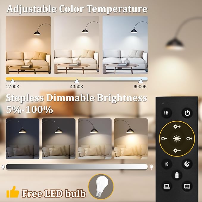 Black Arc Floor Lamp for Living Room, Dimmable LED Corner Floor Lamp with Remote Control, Modern Arch Standing Floor Lamp Curved (2700-6000K 9W LED Bulb Included - LeafyLoom