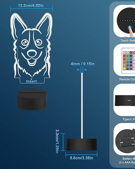 Attivolife Dog 3D Bedside Lamp, Corgi Illusion Optical Night Light, 16 Colors Changing Remote Control Dimmable LED Toy, Puppy Room Decor Cute Christmas Birthday Gift for Kids Baby Boy - LeafyLoom