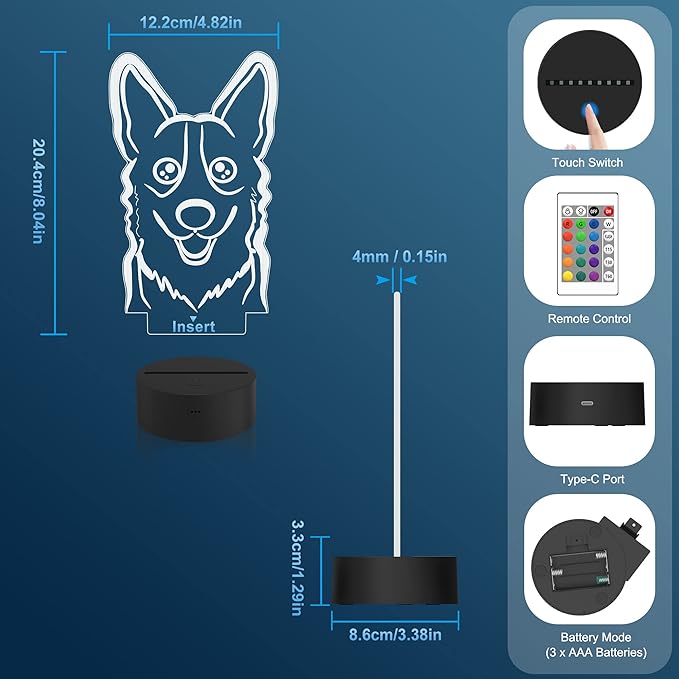 Attivolife Dog 3D Bedside Lamp, Corgi Illusion Optical Night Light, 16 Colors Changing Remote Control Dimmable LED Toy, Puppy Room Decor Cute Christmas Birthday Gift for Kids Baby Boy - LeafyLoom