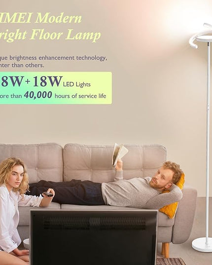 FIMEI Modern LED Floor Lamp Saturn Ring Original Design, Stepless Dimming and 3 Color Temperature, Rotatable and Independent Control of Round Light and Ring Light for Living Room Bedroom Office, White - LeafyLoom
