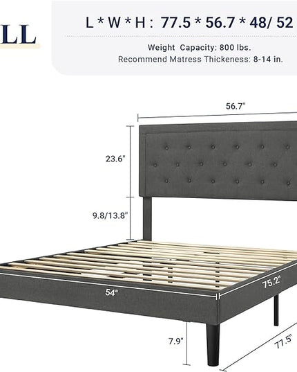 Allewie Full Size Button Tufted Platform Bed Frame/Fabric Upholstered Bed Frame with Adjustable Headboard/Wood Slat Support/Mattress Foundation/Dark Grey (Full) - LeafyLoom