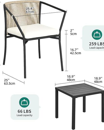 YITAHOME Wicker 3-Piece Outdoor Bistro Set, All-Weather Patio Conversation Set with Stackable Chairs & Table, Outdoor Sectional Furniture Set for Balcony, Backyard, Pool, Porch, Deck - Beige - LeafyLoom
