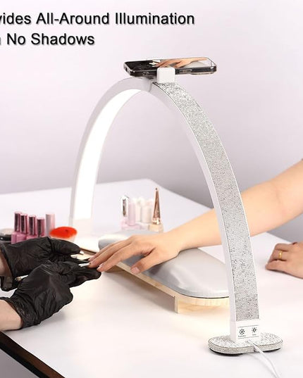 Half Moon Light for Nail Desk, 28 Inch Stepless Touch Adjustment Half Moon Table Lamp with Phone Holder, for Eyelash Extensions, Tattoo, Nail Art Lighting - LeafyLoom