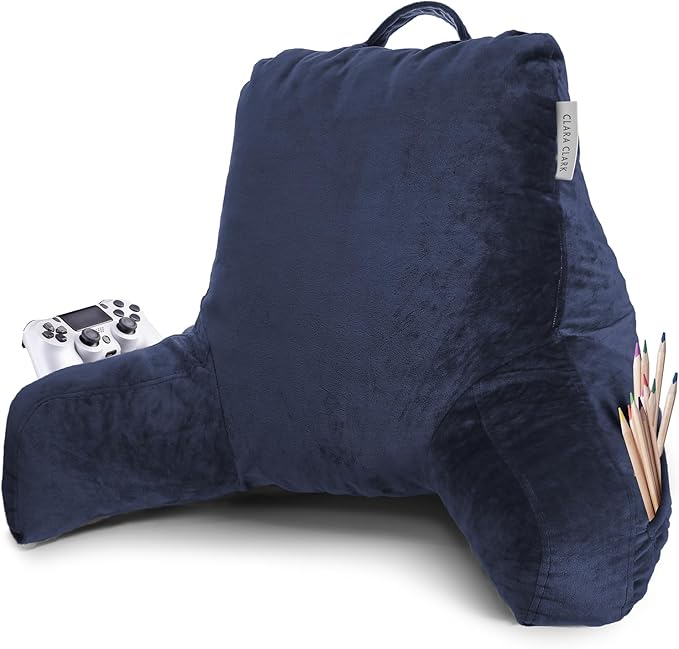 Clara Clark Reading Pillow with Portable Lap Desk for laptop Set, Back Pillow for Sitting Up in Bed, Memory Foam Back Support Pillow, Bed Rest Pillow with Foldable Laptop Desk, Standard - Navy Blue - LeafyLoom