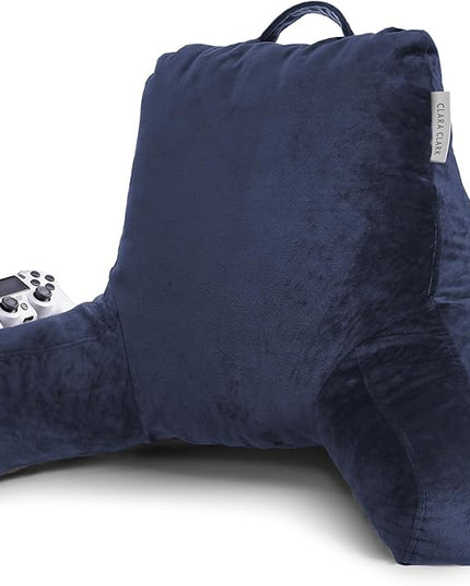 Clara Clark Reading Pillow, Standard Back Pillow for Sitting Up in Bed, Memory Foam Back Support Pillow, Reading Pillows for Sitting in Bed, Navy Blue Sit Up Pillow for Bed, Arm Pillow with Pockets - LeafyLoom