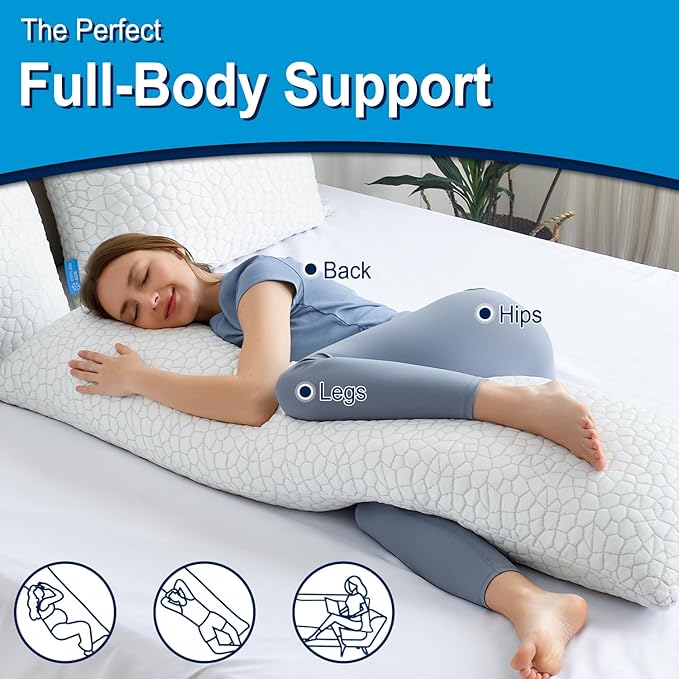 QUTOOL® Cooling Body Pillows for Adults, Shredded Memory Foam Full Body Pillow for Side Sleeper, Long Body Pillow for Pregnant/Neck/Back/Leg, Large Pillow for Bed with Cooling Pillow Cover - LeafyLoom