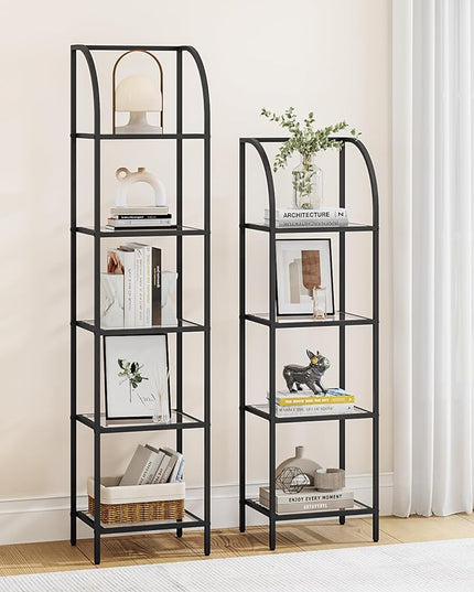 Bookcase Bookshelf, Tempered Glass Arched Bookshelf for More Storage, Slim Shelving Unit for Bedroom, Bathroom, Home Office, Steel Frame, 4 Tier Black BC20499B - LeafyLoom