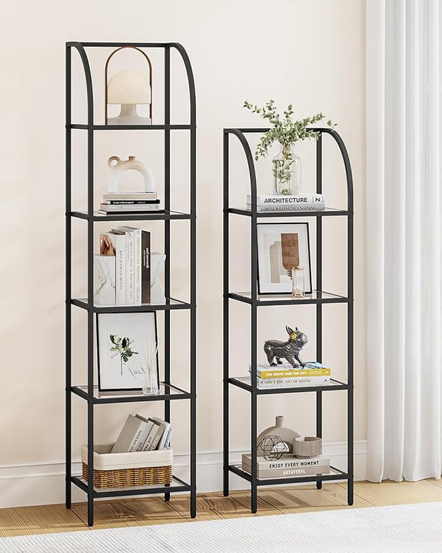 Bookcase Bookshelf, Tempered Glass Arched Bookshelf for More Storage, Slim Shelving Unit for Bedroom, Bathroom, Home Office, Steel Frame, 4 Tier Black BC20499B - LeafyLoom