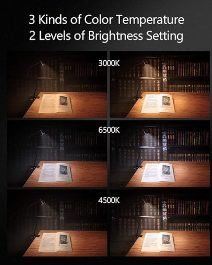 Clamp Desk Lamp, Clip on Reading Light, 3000-6500K Adjustable Color Temperature, 6 Illumination Modes, 10 Led Beads (Black) - LeafyLoom