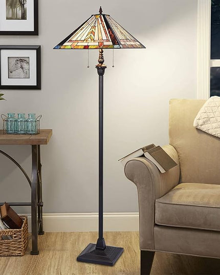 Tiffany Floor Lamp for Living Room 2 Lights Mission Style Stained Glass Reading Floor Light Antique Standing Tall Lamp for Bedroom Office - LeafyLoom