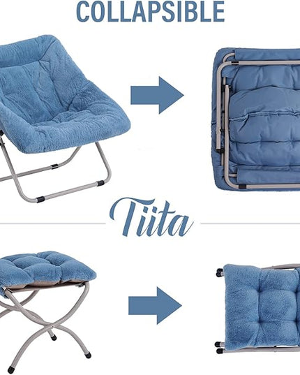 Tiita Saucer Chair with Ottoman, Soft Faux Fur Oversized Folding Accent Chair,Lounge Lazy Chair, Metal Frame Moon Chair for Bedroom, Living Room, Dorm Rooms, Garden and Courtyard - LeafyLoom
