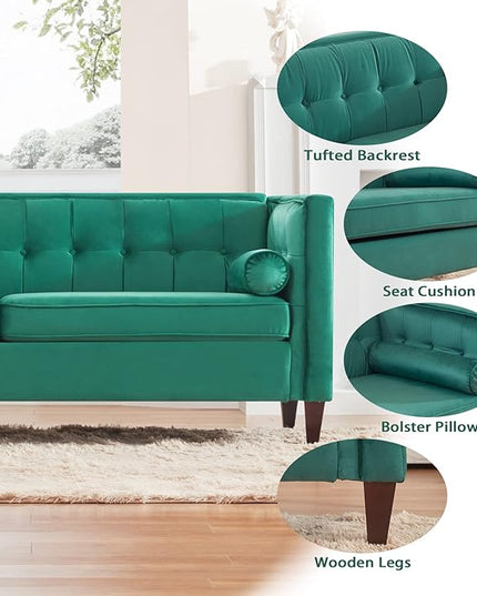 Dreamsir 58'' W Velvet Sofa, Mid-Century Love Seats Sofa Furniture with Bolster Pillows, Button Tufted Couch for Living Room, Tool-Free Assembly (Loveseat, Green) - LeafyLoom