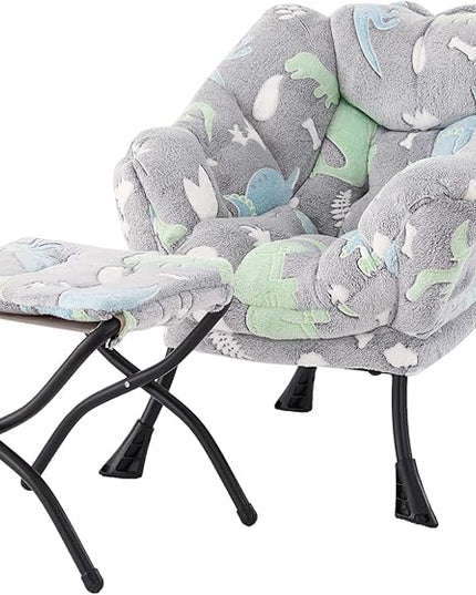 Welnow Toddler Kids Lazy Chair with Ottoman, Glow in The Dark Accent Comfy Lounge Children Armchair Couch with Removable Cover, Detachable Reading Chair with Footrest for Boy or Girl, Grey Dinosaur - LeafyLoom