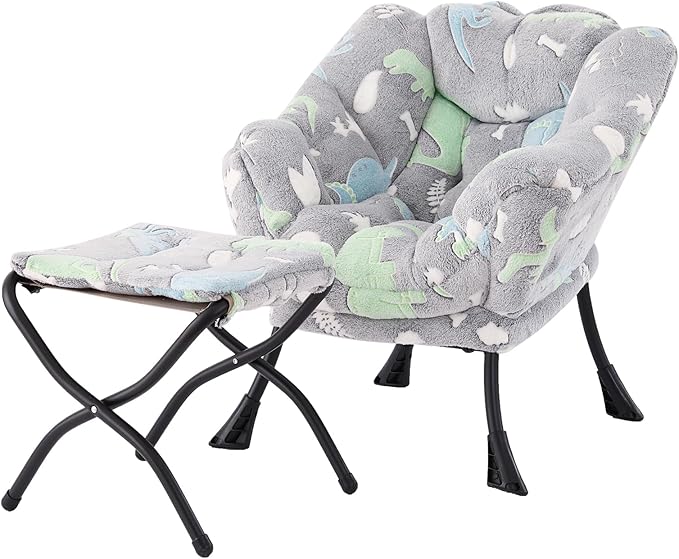 Welnow Toddler Kids Lazy Chair with Ottoman, Glow in The Dark Accent Comfy Lounge Children Armchair Couch with Removable Cover, Detachable Reading Chair with Footrest for Boy or Girl, Grey Dinosaur - LeafyLoom
