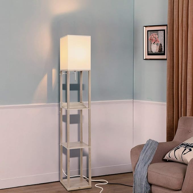 Brightech Maxwell Charger - Modern Shelf Floor Lamp with USB Charging Ports & Electric Outlet - Corner Display Floor Lamps with Shelves for Living Room, Bedroom and Office - Rustic Wood - LeafyLoom