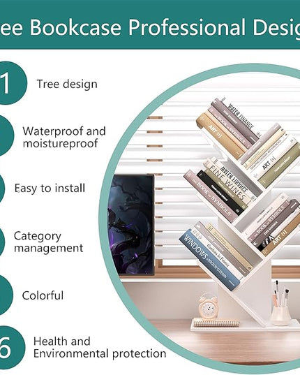 Tree Bookshelf, 5 -Tier Book Storage Organizer Shelves Floor Standing Bookcase, Wood Storage Rack for Office Home School Shelf Display for Cd/Magazine（White） - LeafyLoom