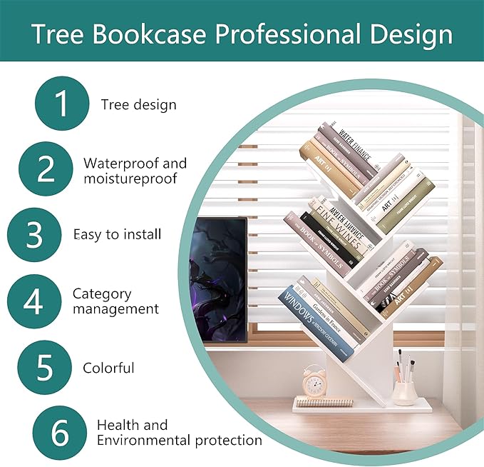 Tree Bookshelf, 5 -Tier Book Storage Organizer Shelves Floor Standing Bookcase, Wood Storage Rack for Office Home School Shelf Display for Cd/Magazine（White） - LeafyLoom