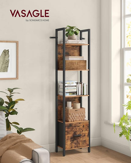 VASAGLE 5-Tier Bookshelf, Book Shelf with Drawer, Industrial Bookcase, with Steel Frame, for Living Room, Home Office, Bedroom, 9.4 x 15.7 x 65 Inches, Rustic Brown and Black ULLS146B01 - LeafyLoom