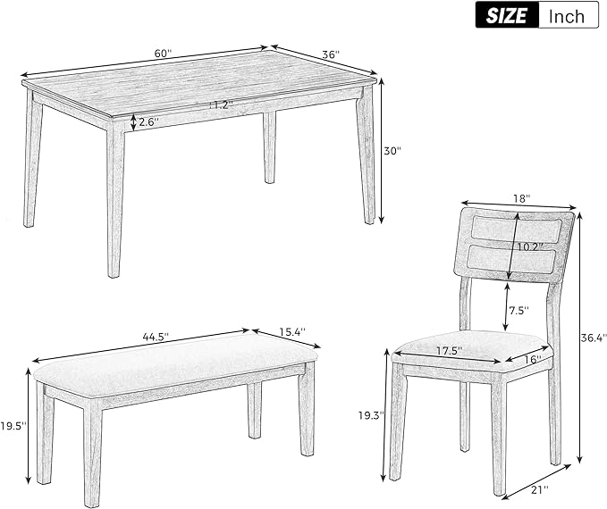 Dining Table Set for 6, Classic and Traditional Style 6-Piece Dining Room Table Set with Backrest, Kitchen Table with 4 Upholstered Chairs & Bench, White+Gray - LeafyLoom