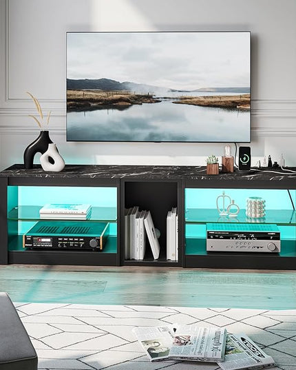 Bestier TV Stand for 70 inch TV with Power Outlets, LED Entertainment Center for PS5, Gaming TV Consoles with Glass Shelves for Living Room, 63'' Inch, Black Marble - LeafyLoom