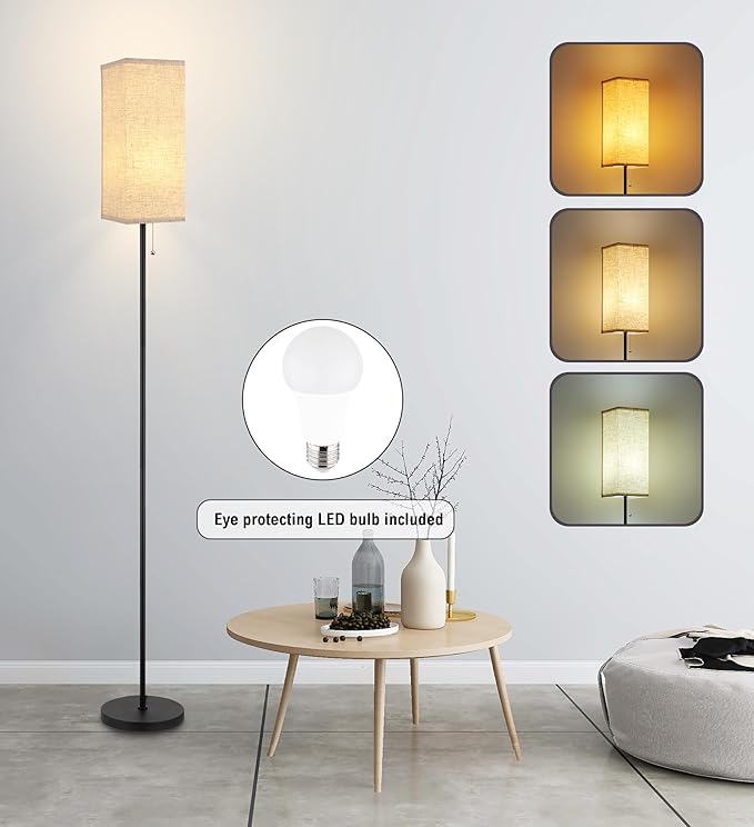 Floor Lamp for Living Room,Farmhouse Linen Floor lamp,Modern Standing lamp with LED Bulb Included,Black Tall Lamp with Chain Switch for Bedroom,Kids Room and Office. - LeafyLoom
