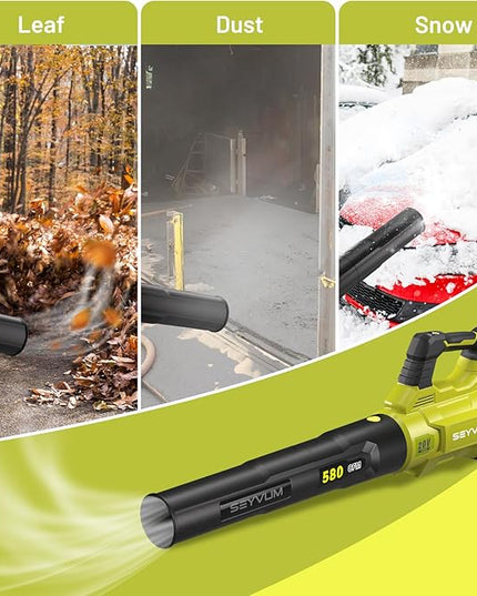 SEYVUM Leaf Blower - 580CFM 20V Leaf Blower Cordless with 2 X 4.0Ah Battery & Charger, 3-Speed Dial Electric Blower Handheld, Lightweight Powerful Battery Operated for Lawn Care, Jobsite - LeafyLoom