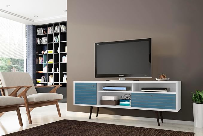 Manhattan Comfort Liberty Mid Century Modern TV Stand for Televisions up to 65 Inches, Bedroom and Living Room Entertainment Center with Storage, Shelves, and Cabinet, 71" Wide, White and Aqua Blue - LeafyLoom