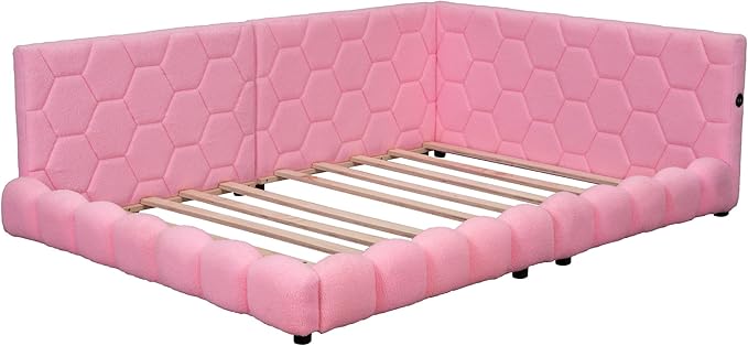 Full Size Upholstered Daybed Sofa Bed with L-shaped Headboard, USB Ports and LED Belt, Pink - LeafyLoom