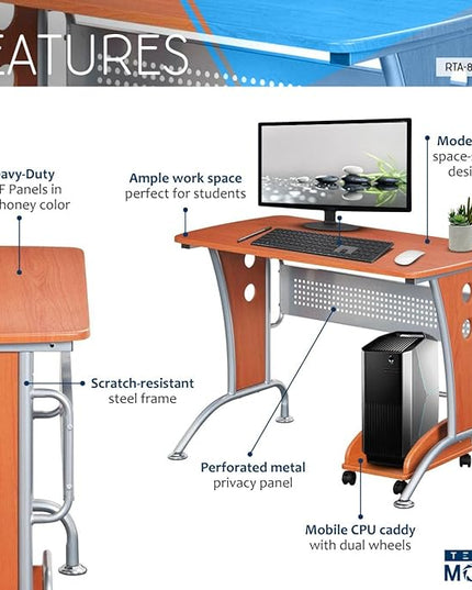 TECHNI MOBILI Modern Computer Desk With Mobile CPU Caddy. Color: Dark Honey - LeafyLoom
