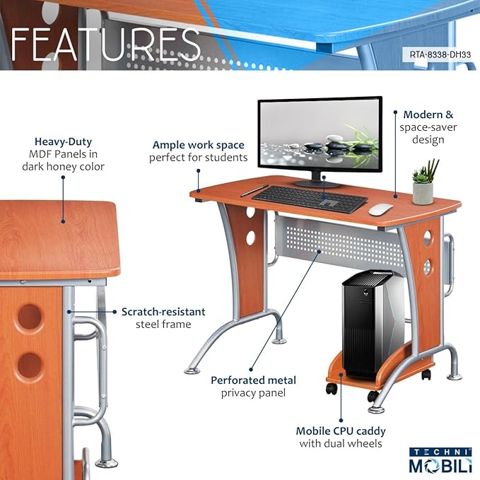 TECHNI MOBILI Modern Computer Desk With Mobile CPU Caddy. Color: Dark Honey - LeafyLoom