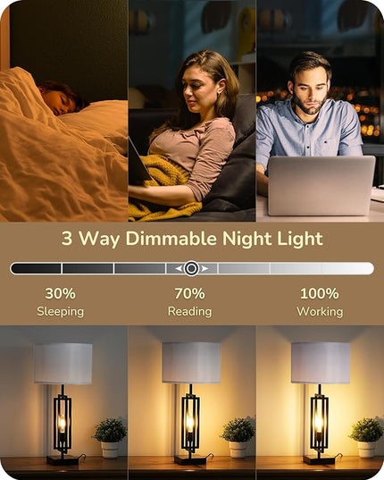 EDISHINE 25.6" Farmhouse Table Lamp with Night Light, Rustic Bedside Lamp Set of 2, A+C USB Ports, Touch 3-Way Dimmable Nightstand Lamp for Living Room, Bedroom, Home Decor - LeafyLoom