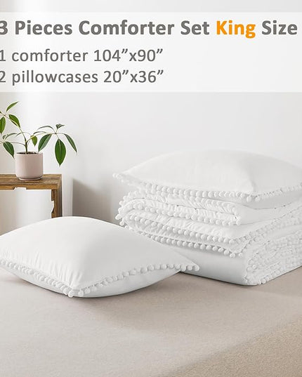 Litanika King Size Comforter Set White,3 Pieces White Boho Pom Pom Lightweight Bed Comforter, All Season Soft Solid Color Bedding Comforter Sets (1 Comforter 104x90 Inch, 2 Pillowcases) - LeafyLoom