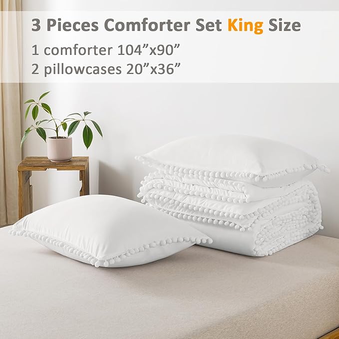 Litanika King Size Comforter Set White,3 Pieces White Boho Pom Pom Lightweight Bed Comforter, All Season Soft Solid Color Bedding Comforter Sets (1 Comforter 104x90 Inch, 2 Pillowcases) - LeafyLoom